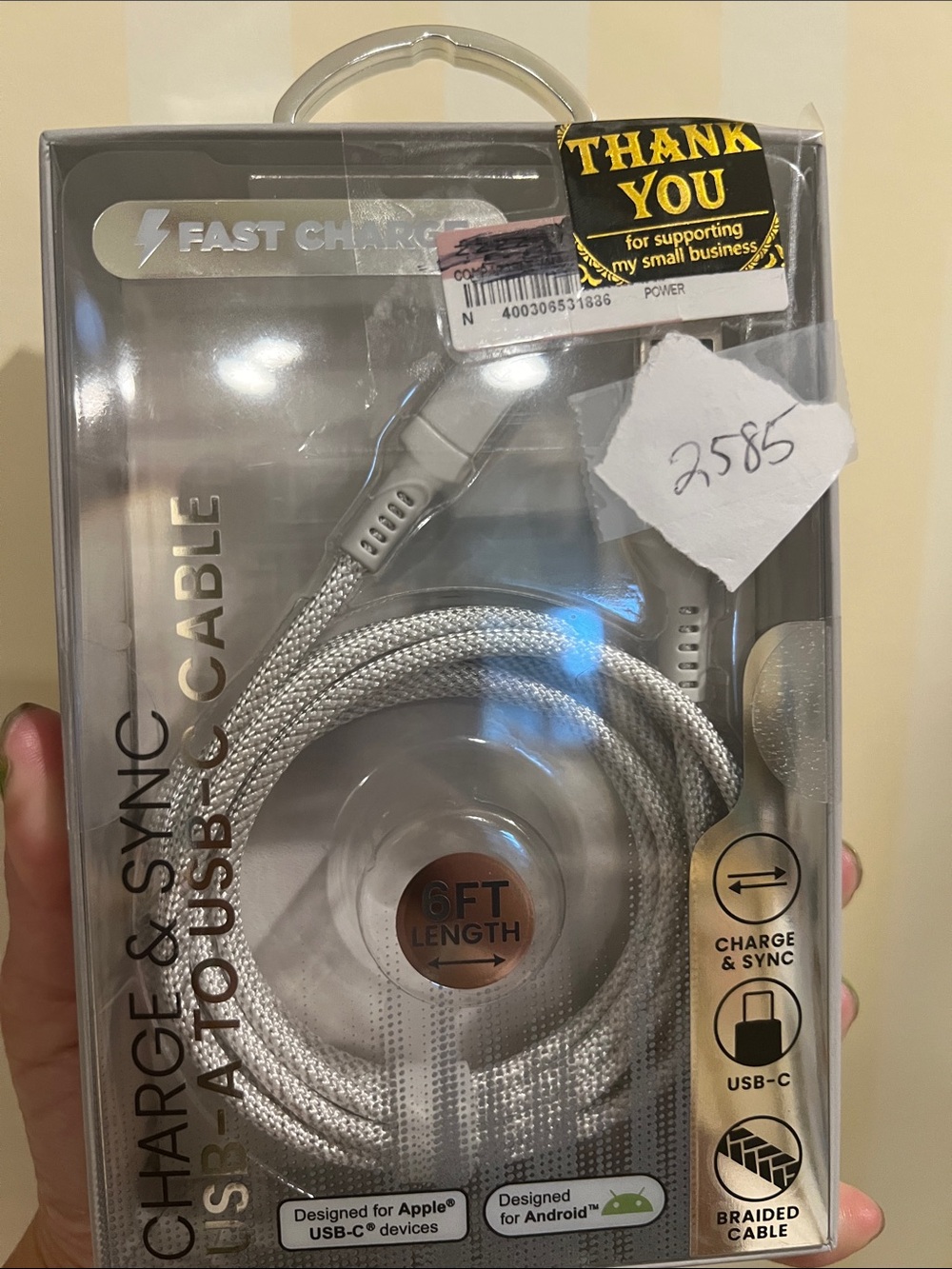 #2585**USB-C Fast Charging & Sync Cable - White - 6FT